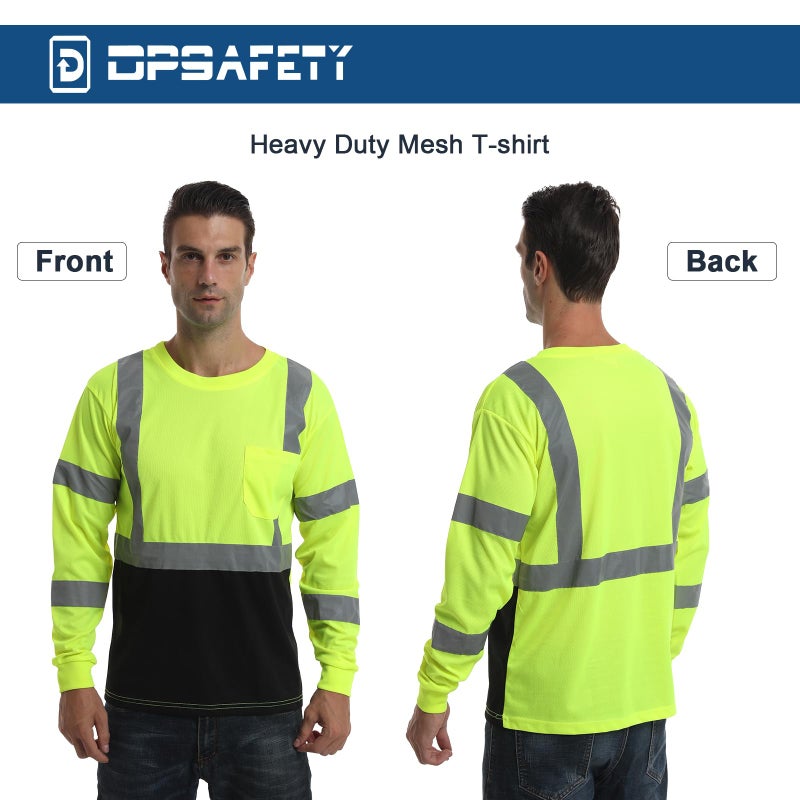 DPSAFETY High Visibility Class 3 T Shirts,Hi Vis Safety Shirts with Reflective Strips and Pocket, Long Sleeve Quick Dry Mesh Construction Work Shirt for Men/Women Black Bottom Lime,Small - Image 5